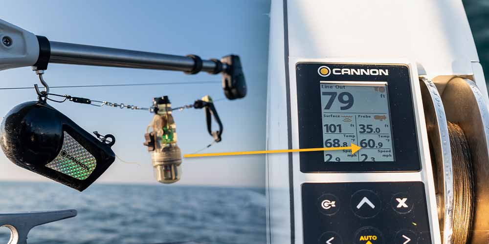 cannon optimum downrigger connected to fish hawk trolling probe