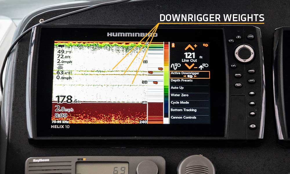 downrigger trolling weights on sonar screen